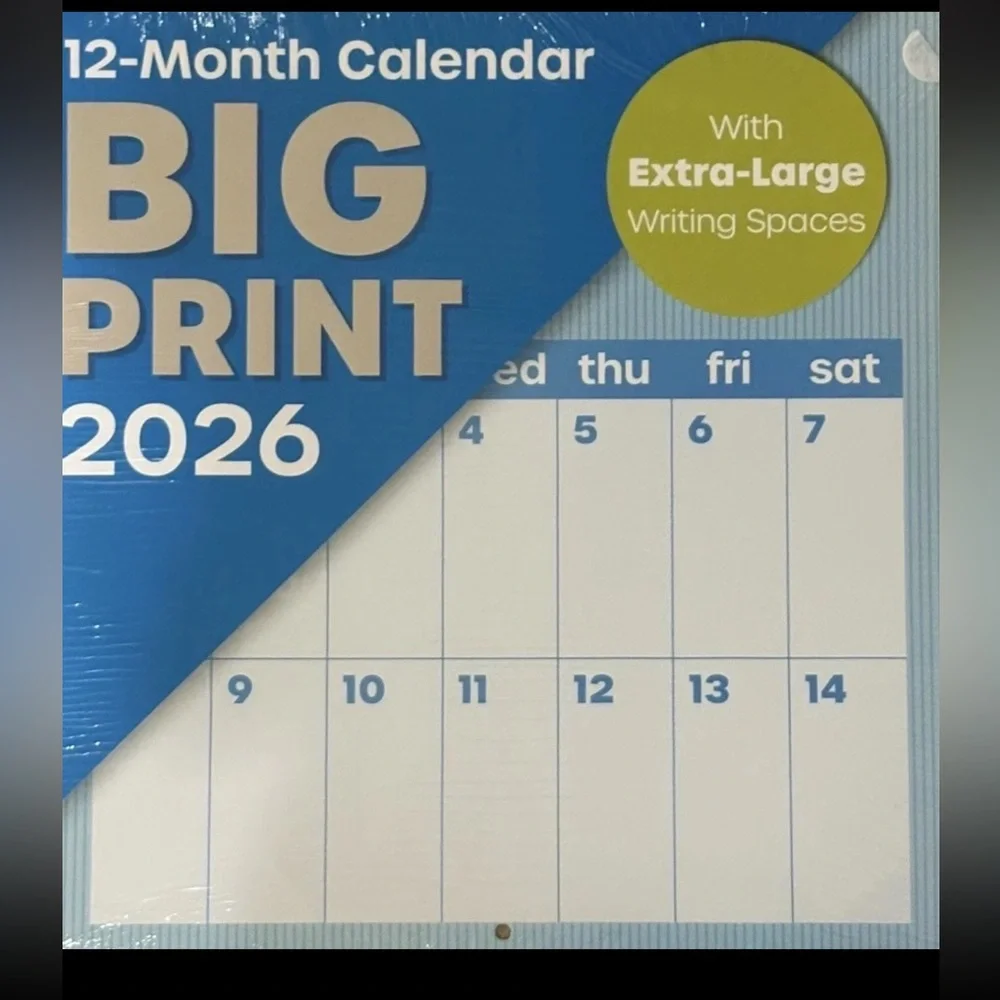 BIG PRINT 2026 12 Month Hanging Wall Calendar XL Writing Spaces 12” X 24” NWT